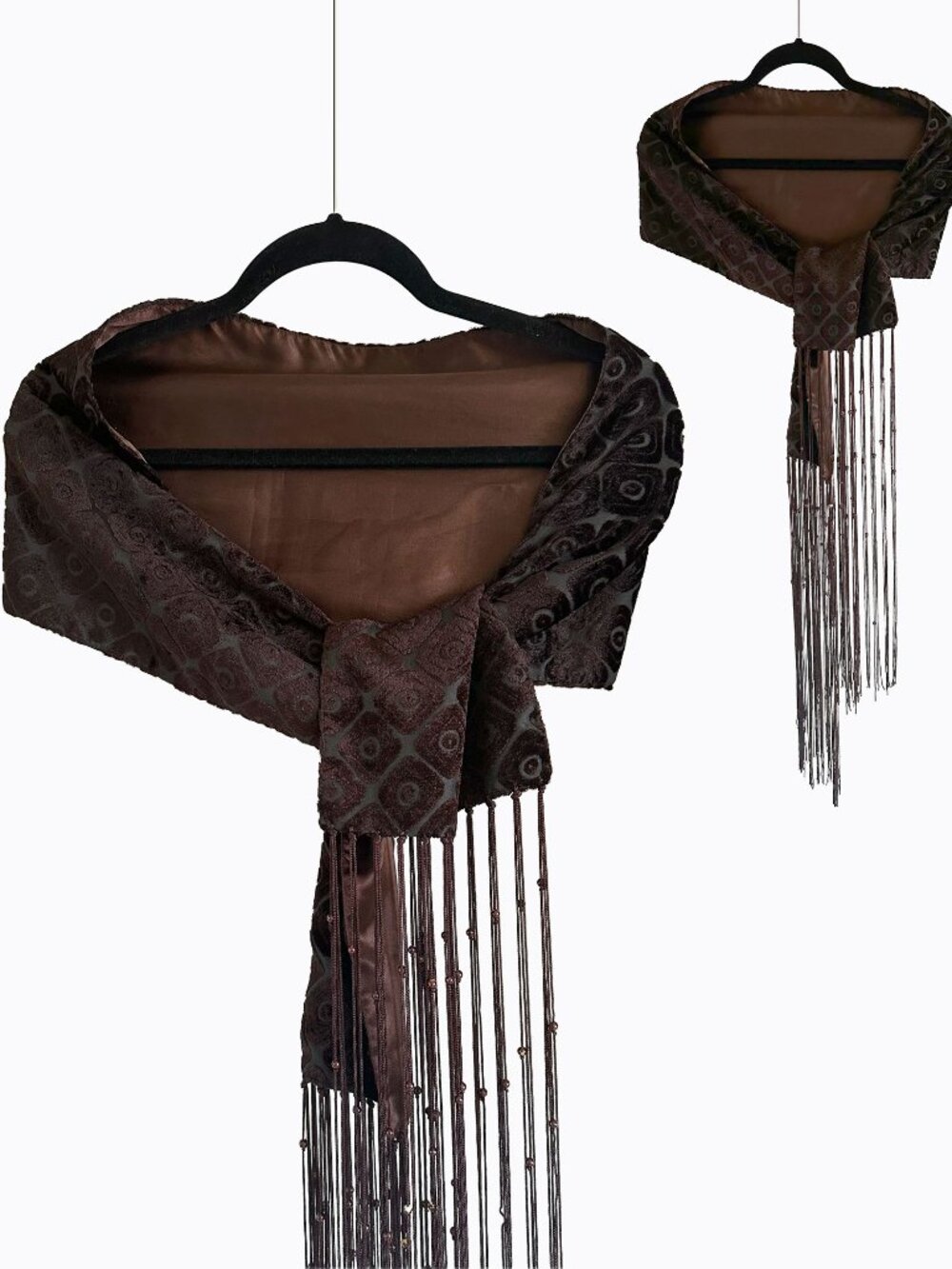 Oscar de la Renta Vtg Velvet Burnout Scarf Brown Beaded Fringe Satin Wrap Boho